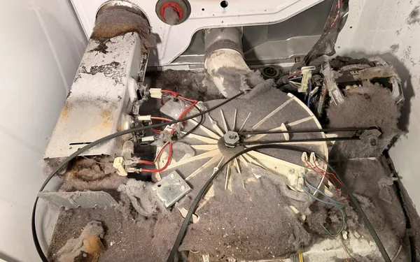 Inside a dryer cabinet before cleaning: thick lint around the blower housing and heater duct